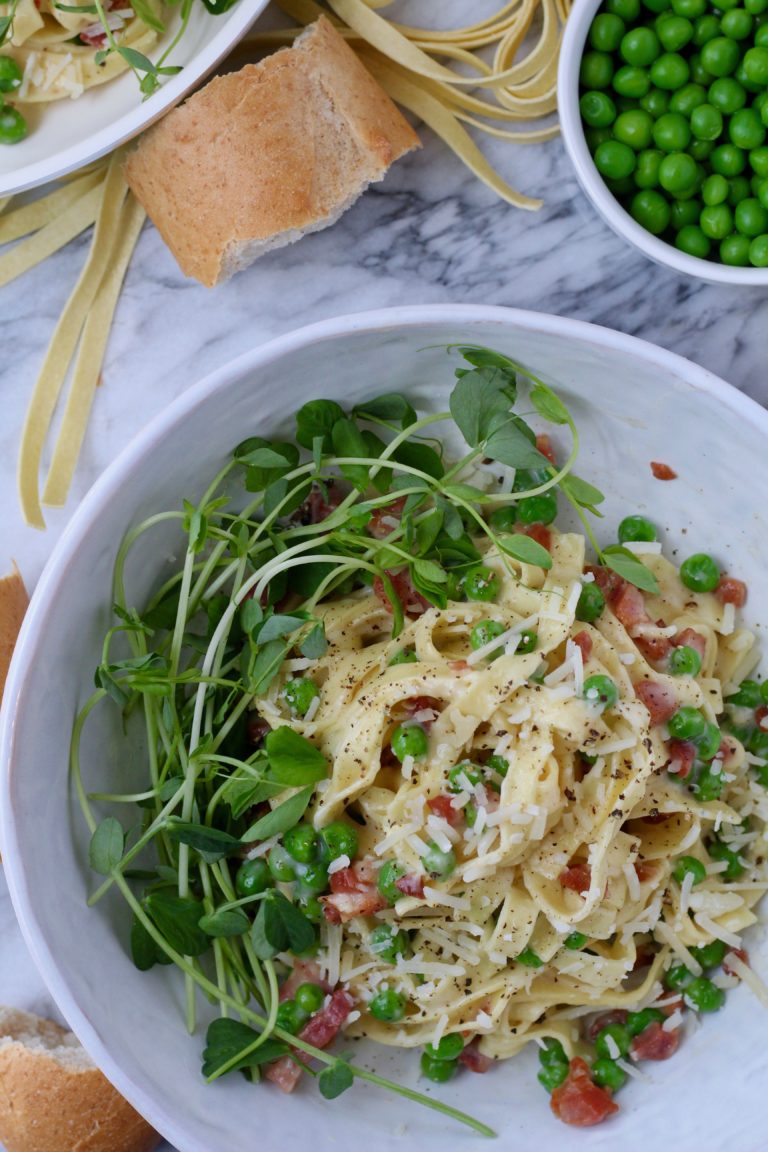 Classic Fettuccine Alfredo with Peas and Pancetta - Slice of Jess