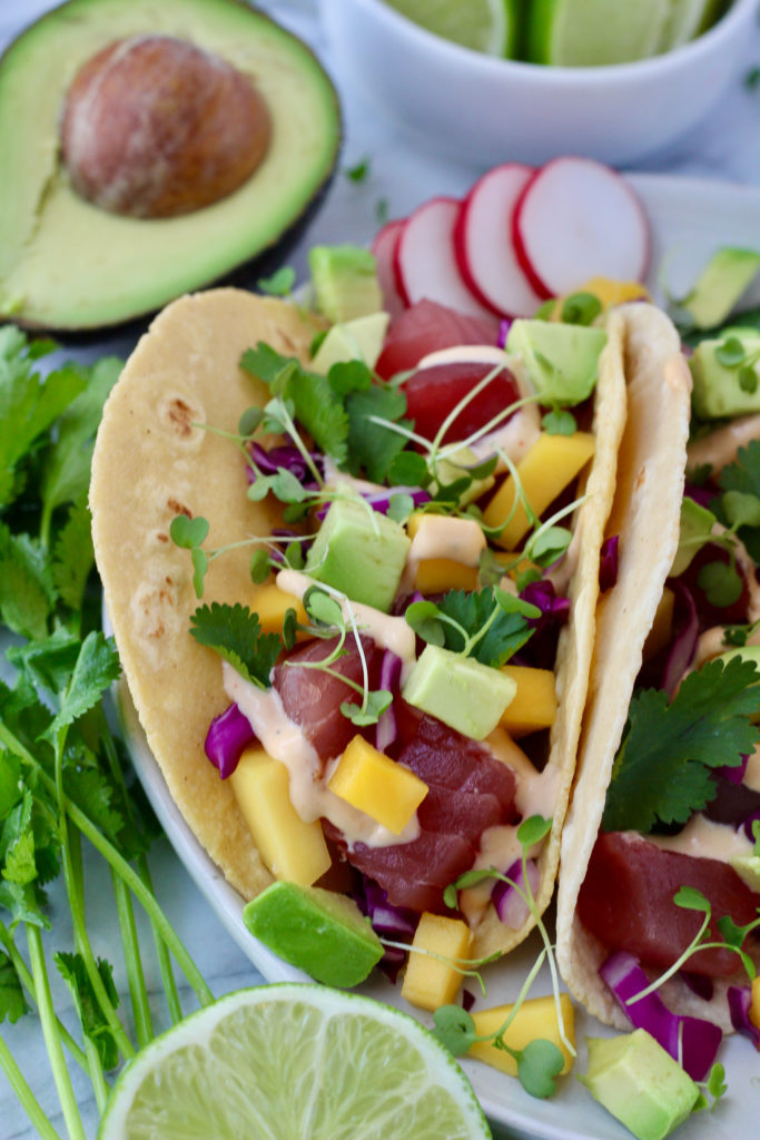 Spicy Tuna Poke Bowl Tacos with Mango and Avocado - Slice of Jess