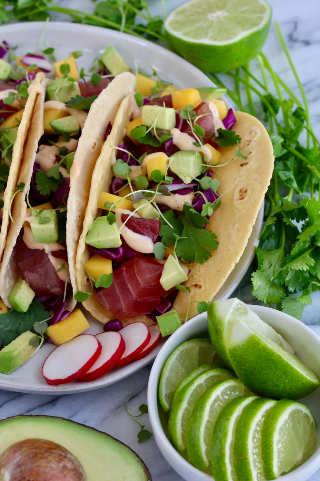 Spicy Tuna Poke Bowl Tacos with Mango and Avocado - Slice of Jess