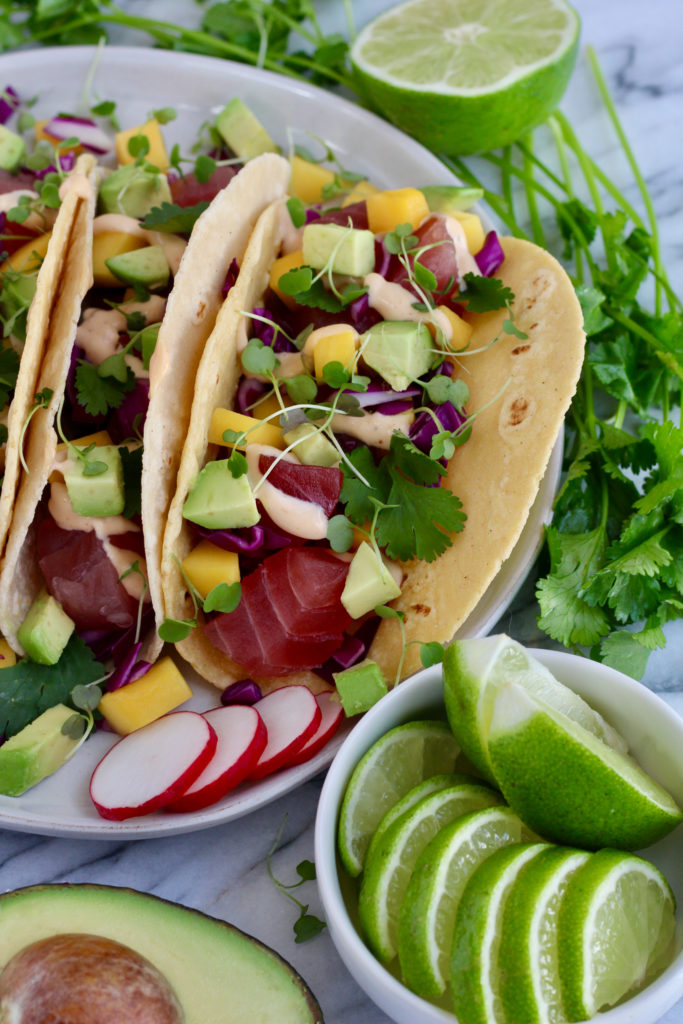 Spicy Tuna Poke Bowl Tacos With Mango And Avocado - Slice Of Jess