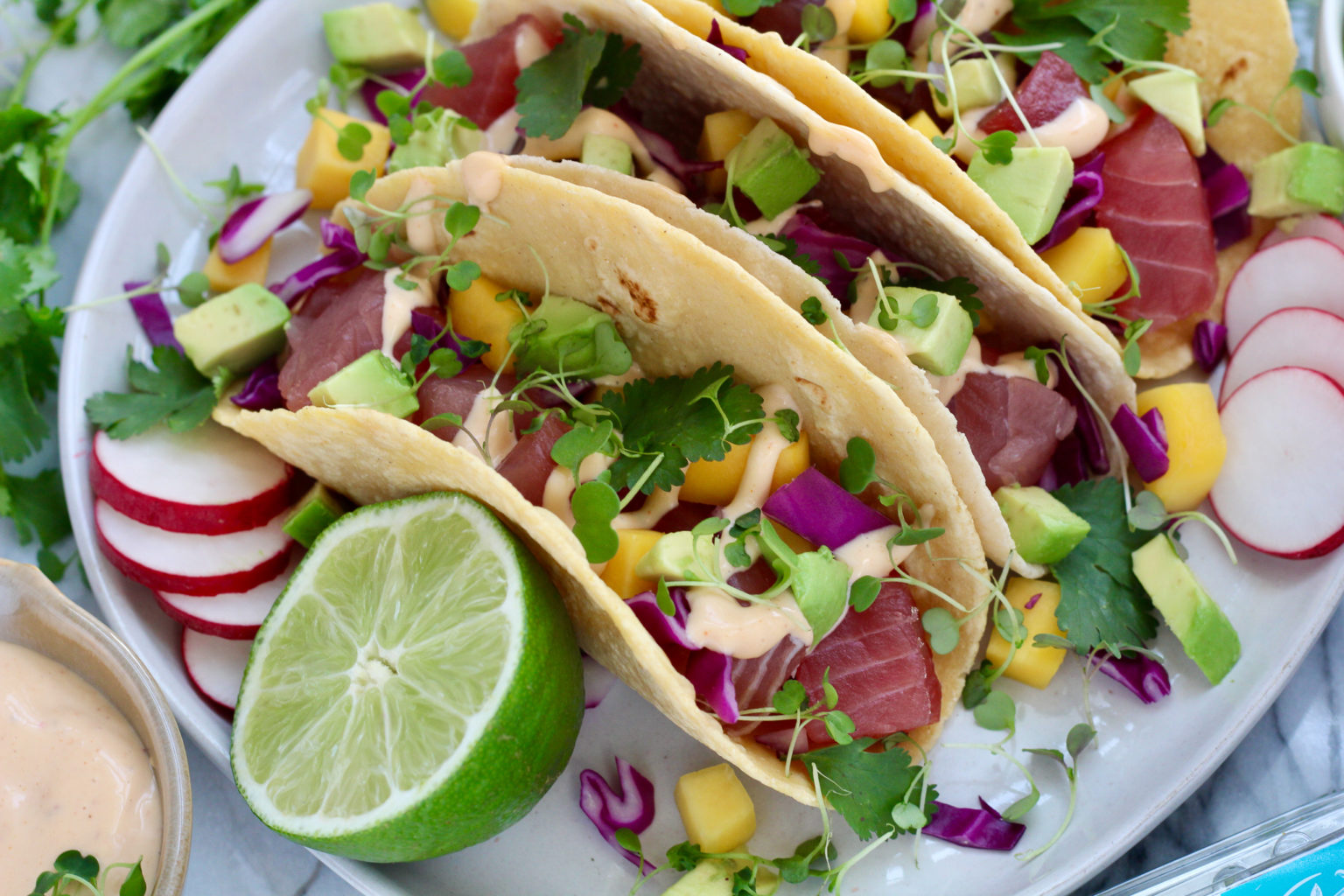 Spicy Tuna Poke Bowl Tacos with Mango and Avocado - Slice of Jess