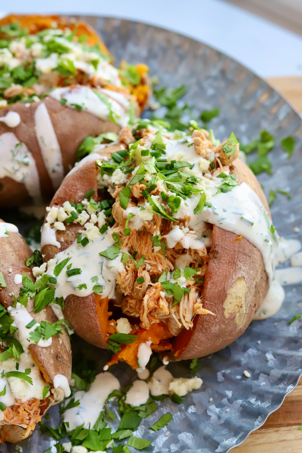 Shredded Buffalo Chicken Stuffed Sweet Potatoes Slice Of Jess 7937