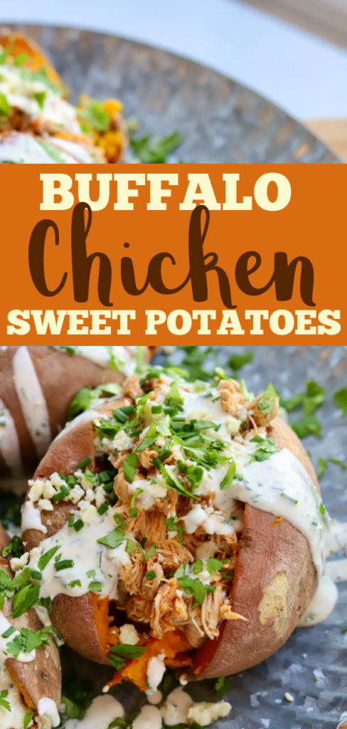 Shredded Buffalo Chicken Stuffed Sweet Potatoes - Slice of Jess